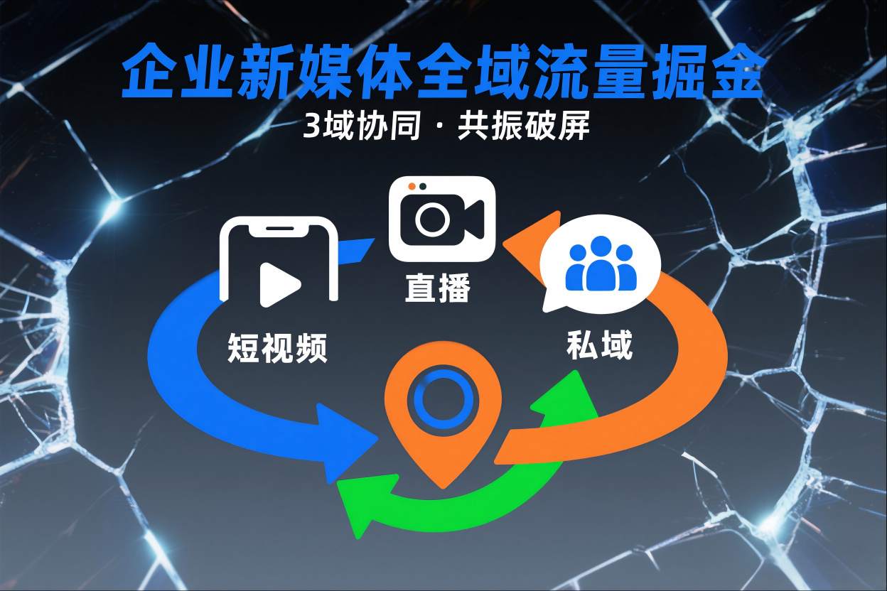 短视频全域商业模式，企业新媒体全域流量掘金，3域协同，共振破屏，短视频-直播-私域-地域-办公驿站