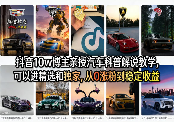 抖音10w博主亲授汽车科普解说教学，可以进精选和独家，从0涨粉到稳定收益（详细视频课程+1T素材）-办公驿站