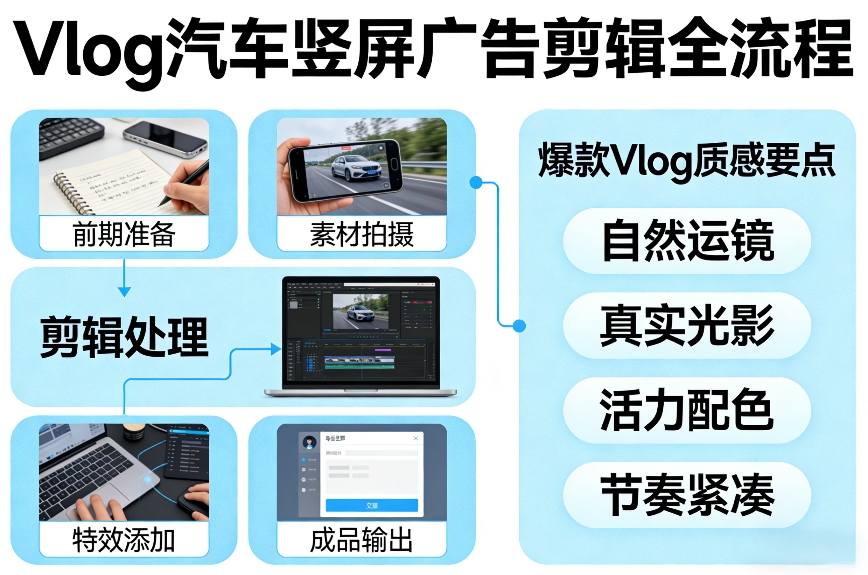 Vlog感觉汽车竖屏广告剪辑脚本全流程，拿捏爆款Vlog质感-办公驿站