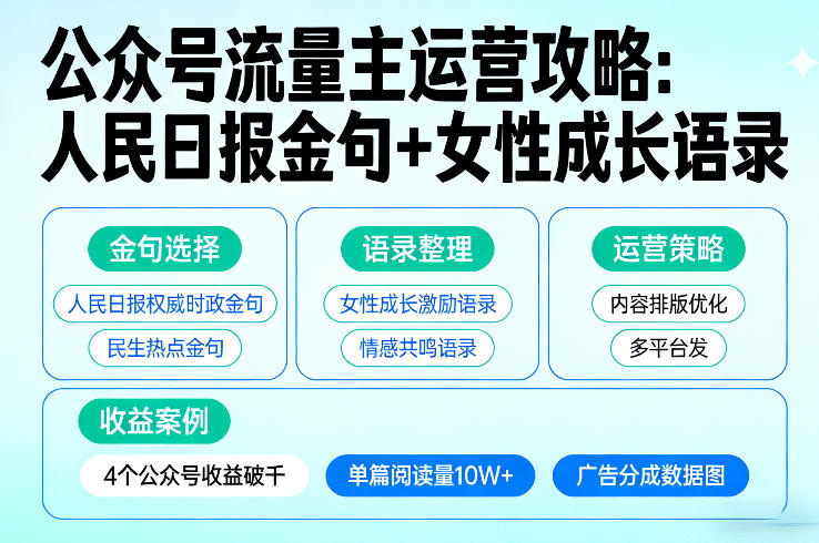 利用人民日报金句+女性成长语录做公众号流量主，4个公众号收益破千-办公驿站