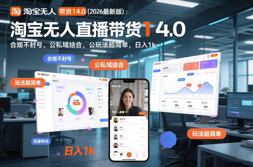 淘宝无人直播带货14.0（2026最新版）：合规不封号，公私域结合，玩法超简单，日入1k+【揭秘】-办公驿站