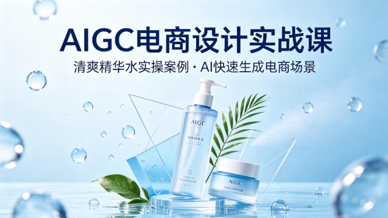 AIGC电商设计实战课，以清爽精华水为实操案例，教你用AI快速生成电商场景-办公驿站