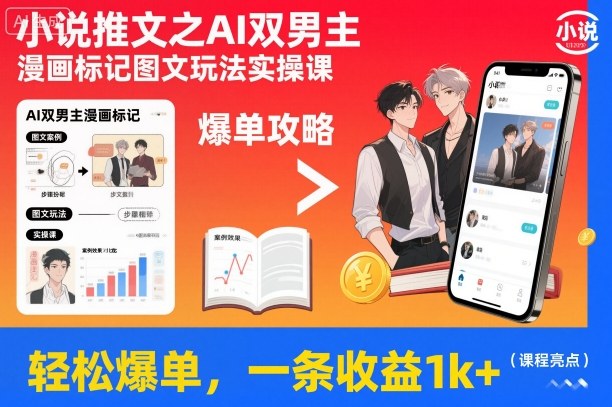 小说推文之AI双男主漫画标记图文玩法实操课，轻松爆单，一条收益1k+-办公驿站
