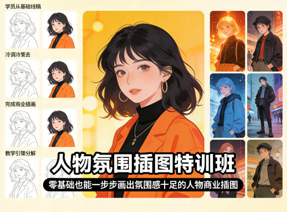 人物氛围插图特训班，零基础也能一步步画出氛围感十足的人物商业插图-办公驿站