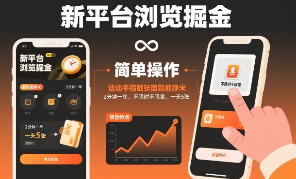 新平台浏览掘金，动动手指截张图就能挣米，2分钟一单，不限时不限量，一天5张【揭秘】-办公驿站