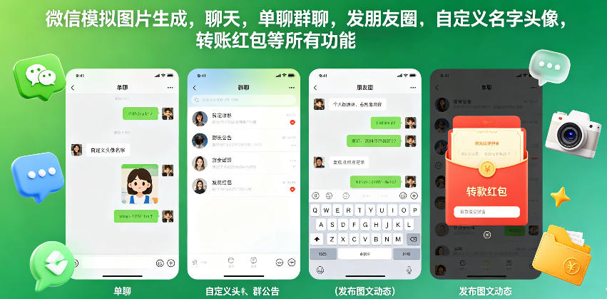 微信模拟图片生成，聊天，单聊群聊，发朋友圈，自定义名字头像，转账红包等所有功能都可以生成-办公驿站