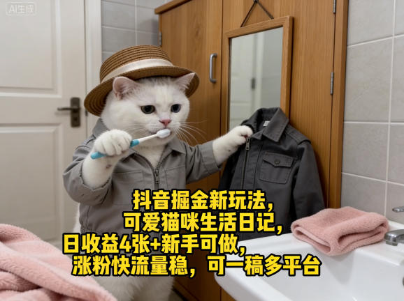 抖音掘金新玩法，可爱猫咪生活日记，日收益4张+新手可做，涨粉快流量稳，可一稿多平台-办公驿站
