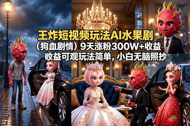 王炸短视频玩法AI水果剧（狗血剧情）9天涨粉300W+收益可观玩法简单，小白无脑照抄，详细拆解玩法-办公驿站