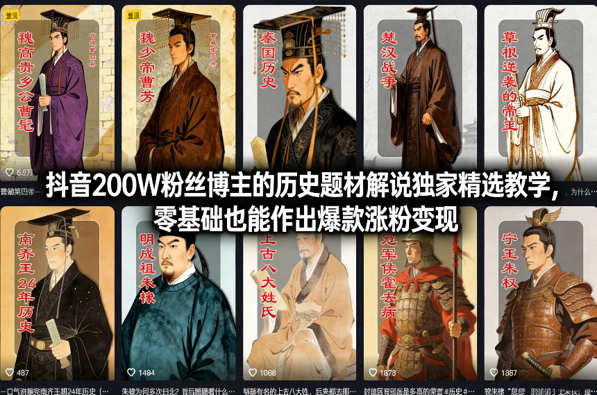 抖音200W粉丝博主的历史题材解说独家精选教学，零基础也能作出爆款涨粉变现-办公驿站