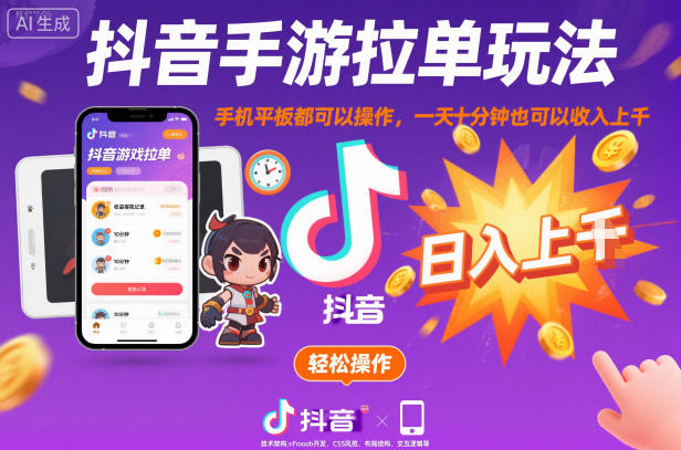 抖音手游拉单玩法，手机平板都可以操作，一天十分钟也可以收入上K【揭秘】-办公驿站