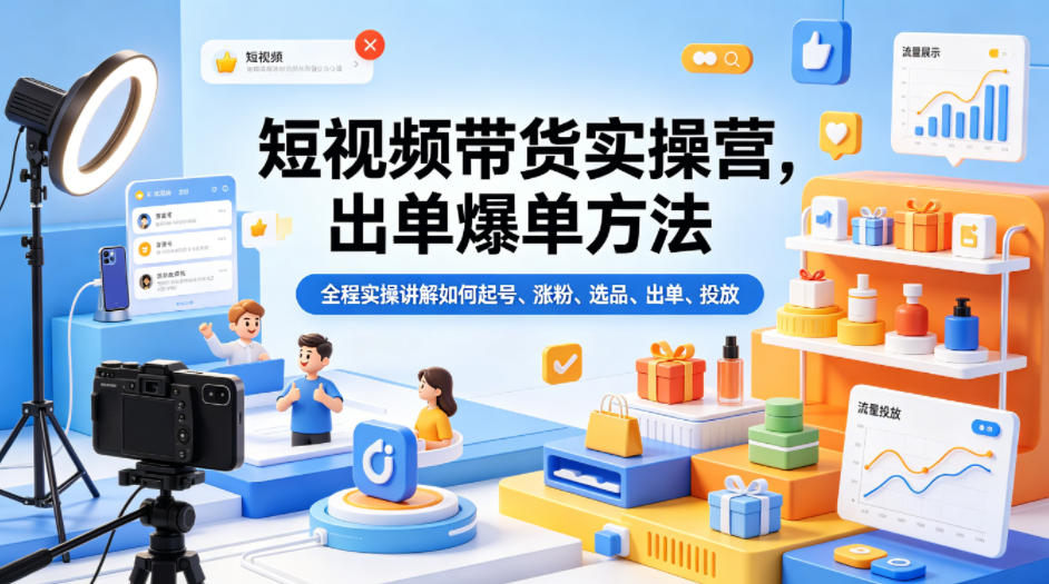 短视频带货实操营，出单爆单方法，全程实操讲解如何起号、涨粉、选品、出单、投放-办公驿站