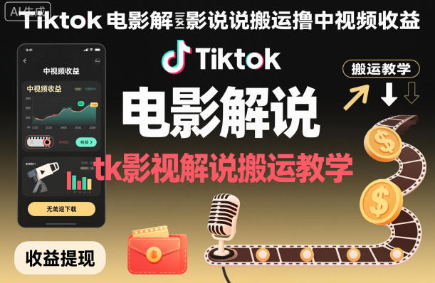 Tiktok电影解说搬运撸中视频收益，tk影视解说搬运教学-办公驿站