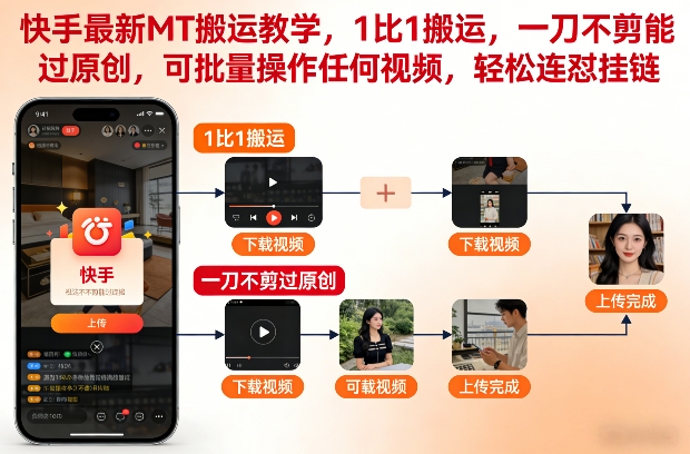 快手最新MT搬运教学，1比1搬运，一刀不剪能过原创，可批量操作任何视频，轻松连怼挂链-办公驿站
