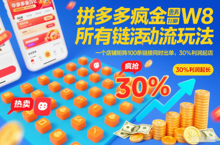 拼多多疯狂活动流玩法，所有链接全部打标，一个店铺矩阵100条链接同时出单，30%利润起店-办公驿站
