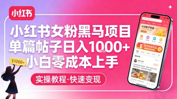 小红书女粉黑马项目，单篇帖子日入1k+，小白零成本上手-办公驿站