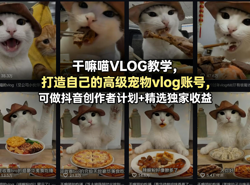 干嘛喵VLOG教学，打造自己的高级宠物vlog账号，可做抖音创作者计划+精选独家收益-办公驿站