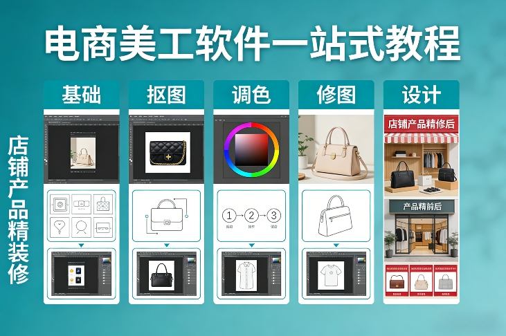 电商美工软件一站式教程，基础/抠图/调色/修图/设计，店铺产品精装修-办公驿站
