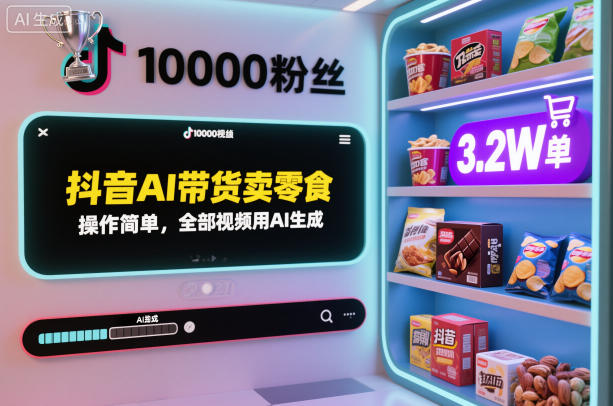 抖音AI带货卖零食，操作简单，全部视频用AI生成，一万粉丝，卖了3.2W单-办公驿站