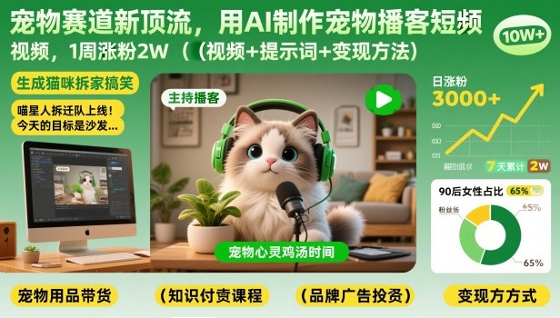 宠物赛道新顶流，用AI制作宠物播客短视频，1周涨粉2W（视频+提示词+变现方法）-办公驿站