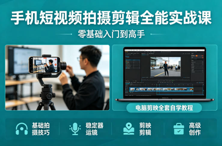 手机短视频拍摄剪辑全能实战课：零基础入门到高手，稳定器运镜+电脑剪映全套自学教程-办公驿站