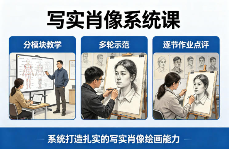 写实肖像系统课，全程分模块教学+多轮示范+逐节作业点评，系统打造扎实的写实肖像绘画能力-办公驿站