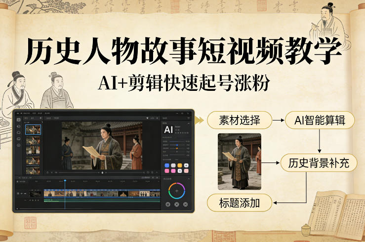 历史人物故事短视频教学，AI+剪辑制作历史人物题材短视频，快速起号涨粉-办公驿站