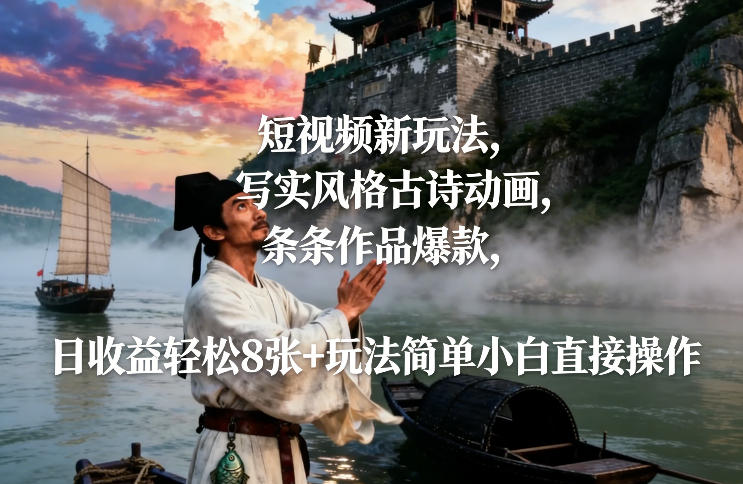 短视频新玩法，写实风格古诗动画，条条作品爆款，日收益轻松8张+玩法简单小白直接操作-办公驿站