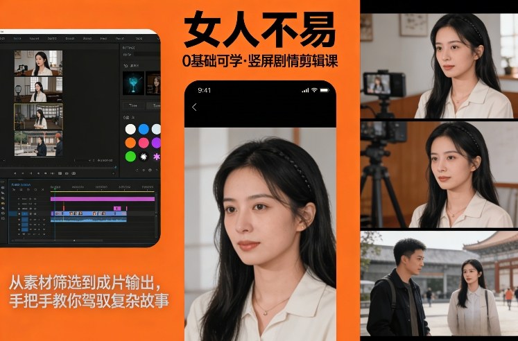 0基础可学！《女人不易》竖屏剧情剪辑课，从素材筛选到成片输出，手把手教你驾驭复杂故事-办公驿站