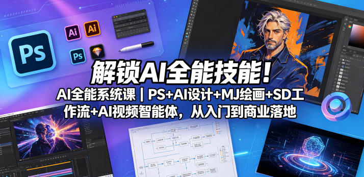 解锁AI全能技能！AI全能系统课｜PS+AI设计+MJ绘画+SD工作流+AI视频智能体，从入门到商业落地-办公驿站
