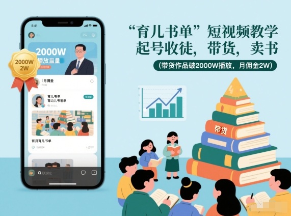 育儿书单短视频教学，起号收徒，带货，卖书（带货作品破2000W播放，月佣金2W）-办公驿站