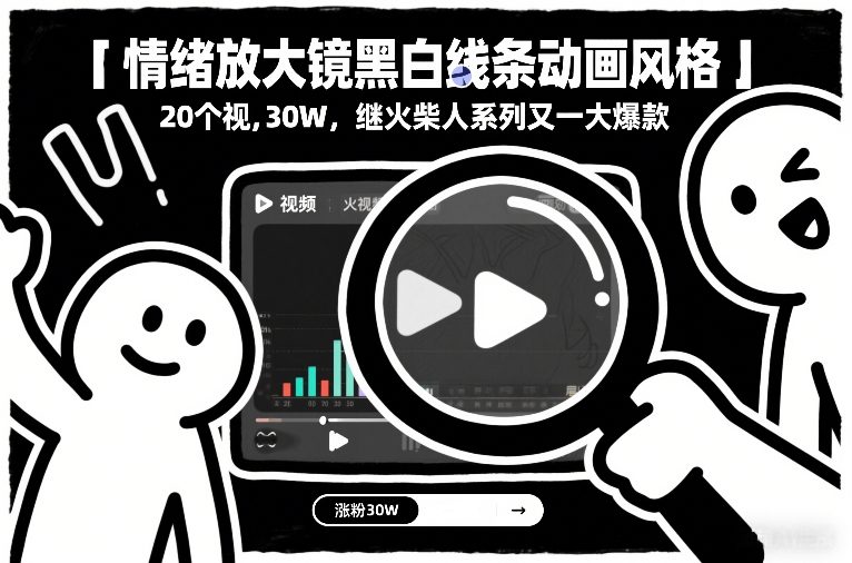 情绪放大镜黑白线条动画风格，20个视频，涨粉30W，继火柴人系列又一大爆款-办公驿站